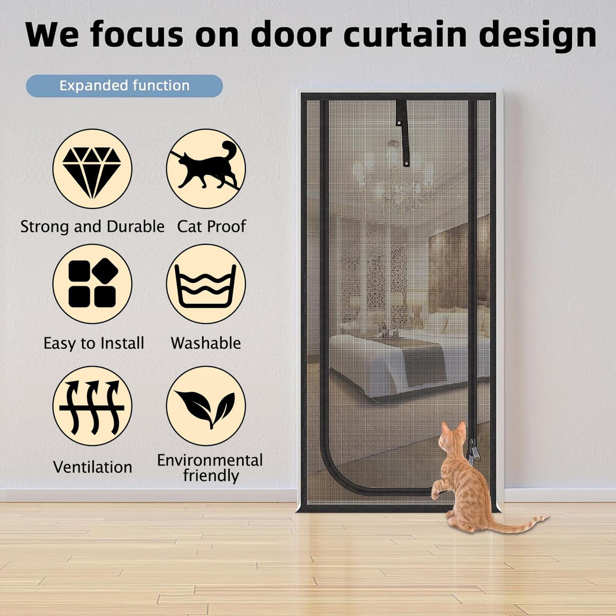 NEWEEN Cat Screen Door Fits Door Size 30"x 80" Thickened Heavy Duty Pets Resistant Mesh Screen Door for Living Room,Kitchen,Bedroom,Cat Proof Screen with Zipper Closure