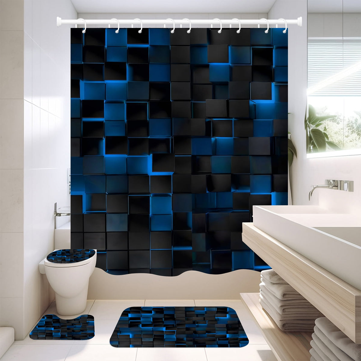 NEWEEN 4 Pcs Bathroom Shower Curtain Set,Durable Bathroom Decor Set with Rugs(Bath Mat,U Shape and Toilet Lid Cover Mat) and 12 Hooks,Sky Blue Honeycomb Marble
