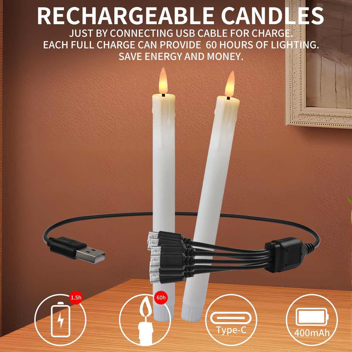 Rechargeable Flameless Taper Candles with Replace Lamp Head, 6 Pcs Real Wax LED Taper Candles Flickering with Remote&Timer, 3D Flame Battery Candlesticks for Home Wedding Christmas Decor (White)