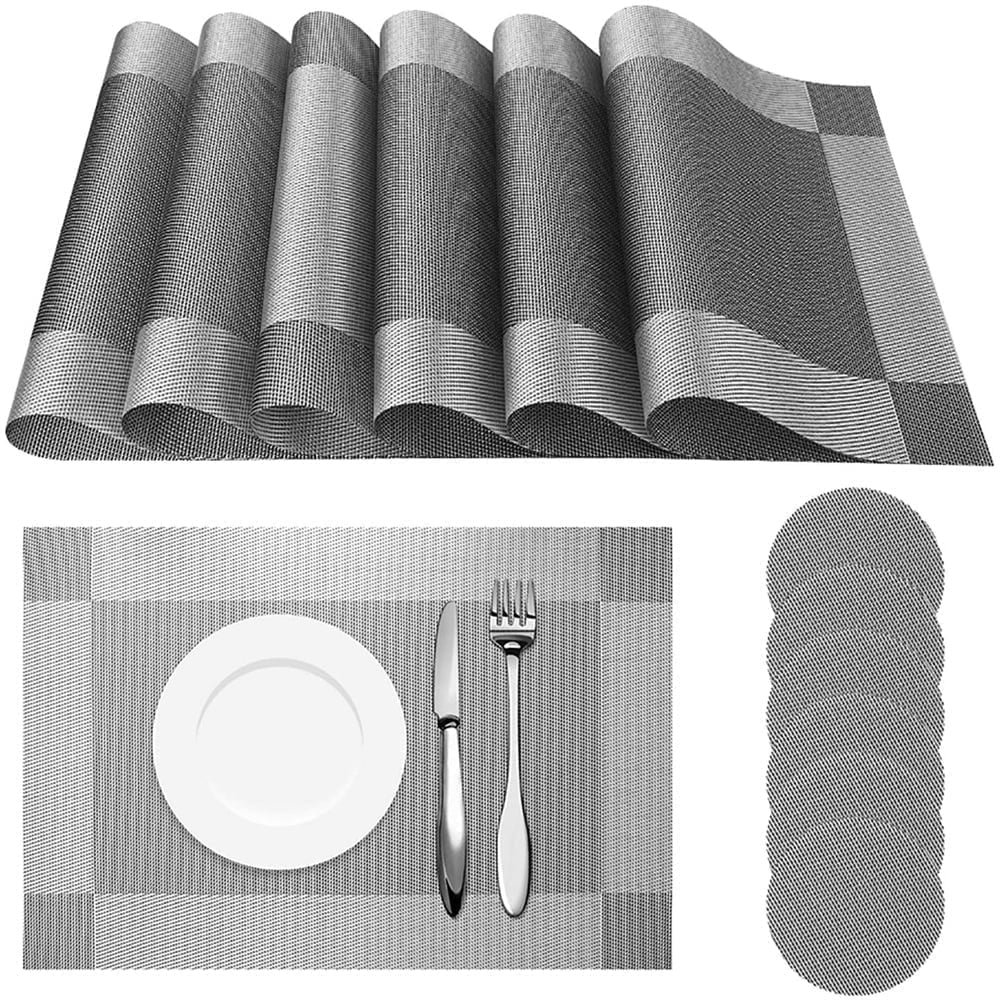 6pcs Placemats PVC Place Mats and Coasters Washable Non-Slip Heat Resistant Table Mats for Kitchen Dining Table Home Restaurant 12"×18", Sliver