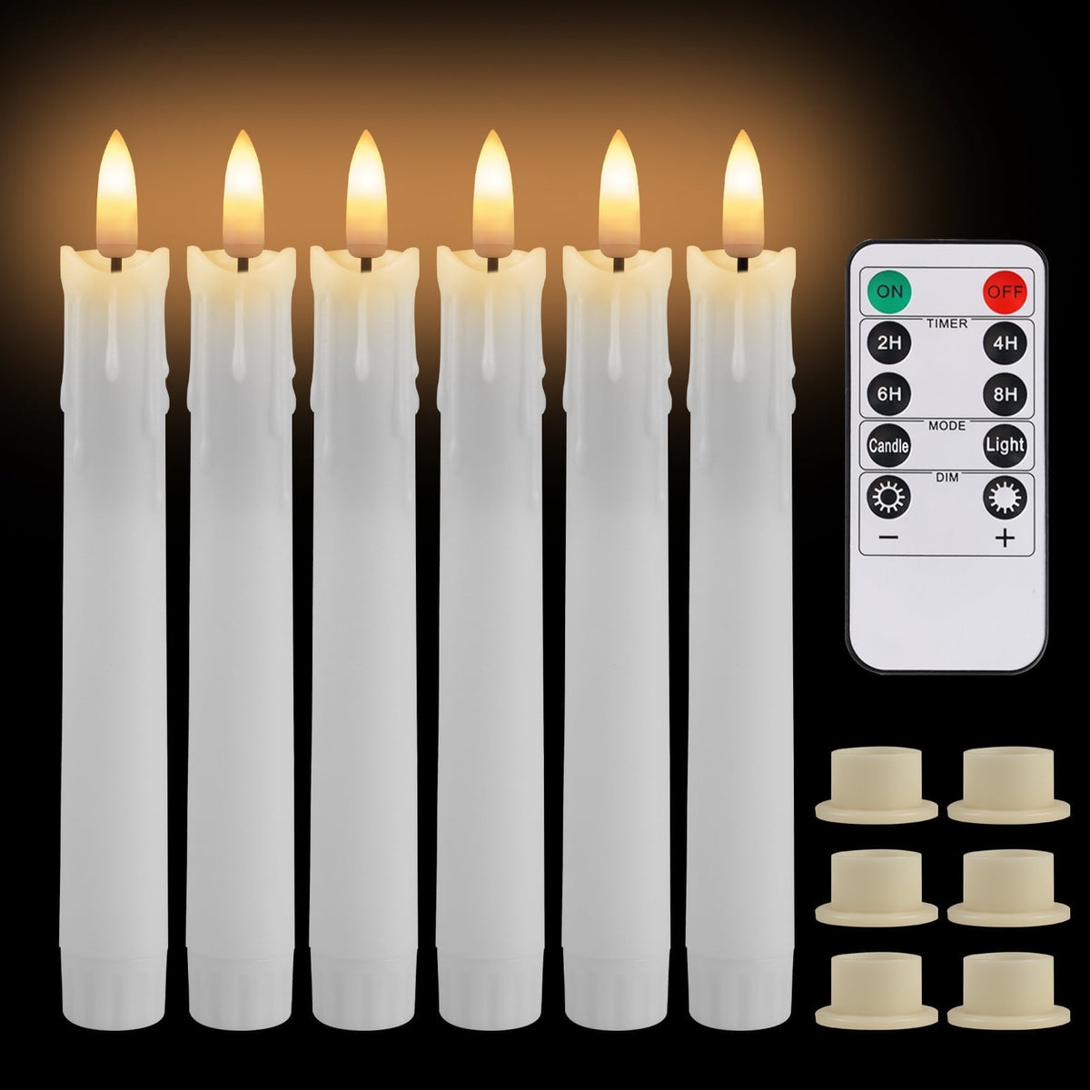 NEWEEN Flameless Taper Candles Flickering with Remote Timer, Battery Operated Led Warm 3D Wick Light Window Ivory Fake Candlesticks Real Wax Pack of 6, Christmas Home Wedding Decor(0.8X9.6Inch)