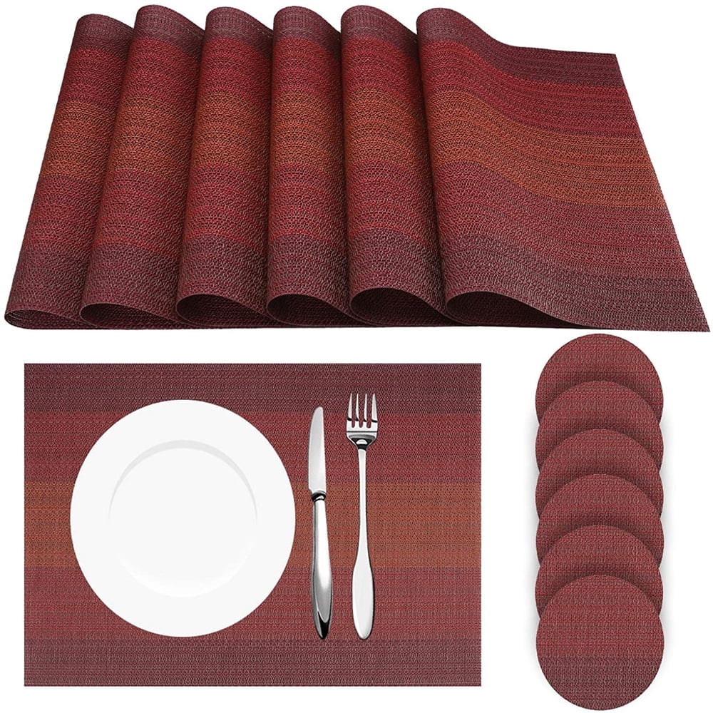 6pcs Placemats PVC Place Mats and Coasters Washable Non-Slip Heat Resistant Table Mats for Kitchen Dining Table Home Restaurant 12"×18", Sliver