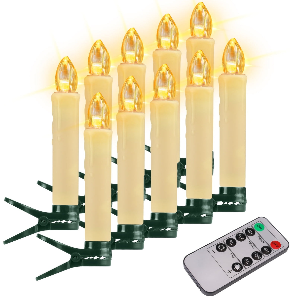 NEWEEN Flameless Clip-on Christmas Tree Candles, Dimmable, Flickering/Steady, Battery Operated, Remote Control, 4.7”, Set of 10