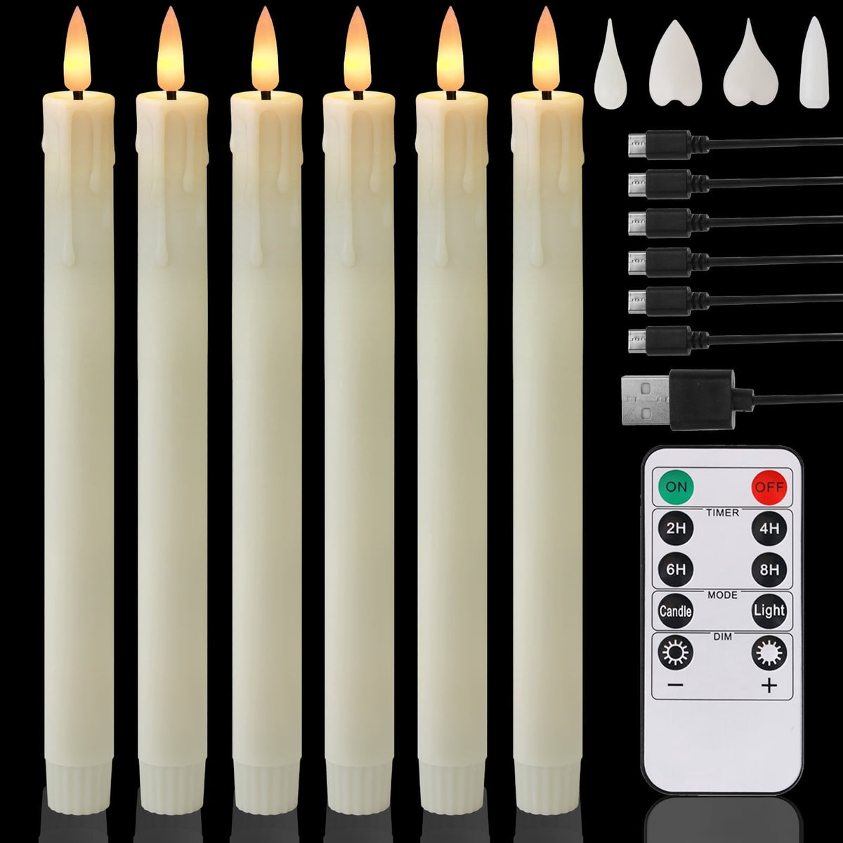 NEWEEN Flameless Taper Candles Flickering with Remote Timer, Battery Operated Led Warm 3D Wick Light Window Ivory Fake Candlesticks Real Wax Pack of 6, Christmas Home Wedding Decor(0.8X9.6Inch)