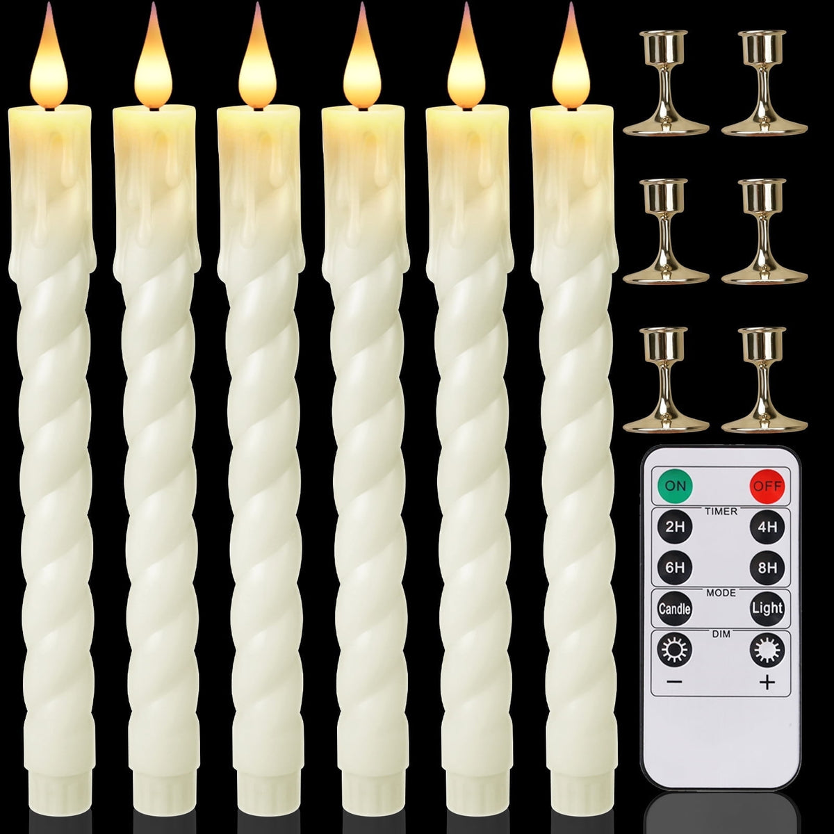 NEWEEN Flameless Taper Candles Flickering with Remote Timer, Battery Operated Led Warm 3D Wick Light Window Ivory Fake Candlesticks Real Wax Pack of 6, Christmas Home Wedding Decor(0.8X9.6Inch)