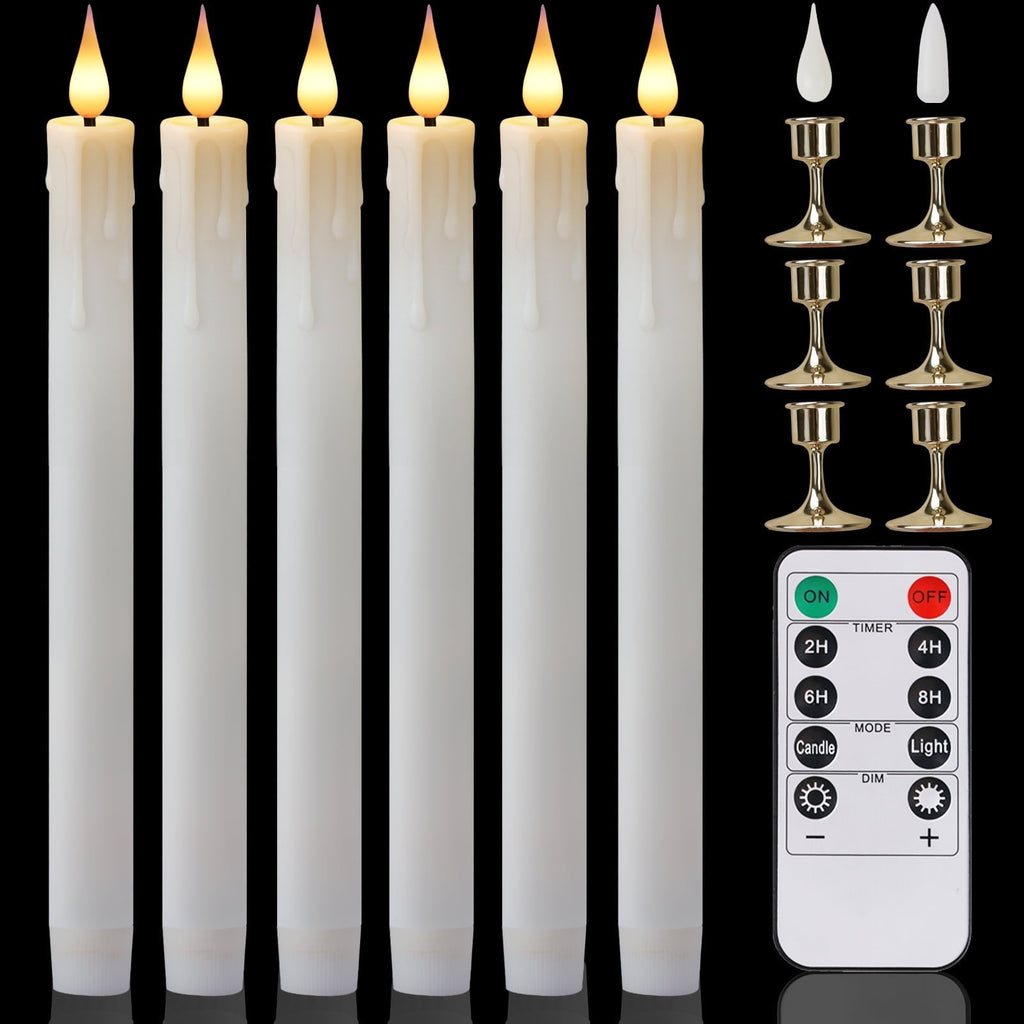 NEWEEN Flameless Taper Candles Flickering with Remote Timer, Battery Operated Led Warm 3D Wick Light Window Ivory Fake Candlesticks Real Wax Pack of 6, Christmas Home Wedding Decor(0.8X9.6Inch)