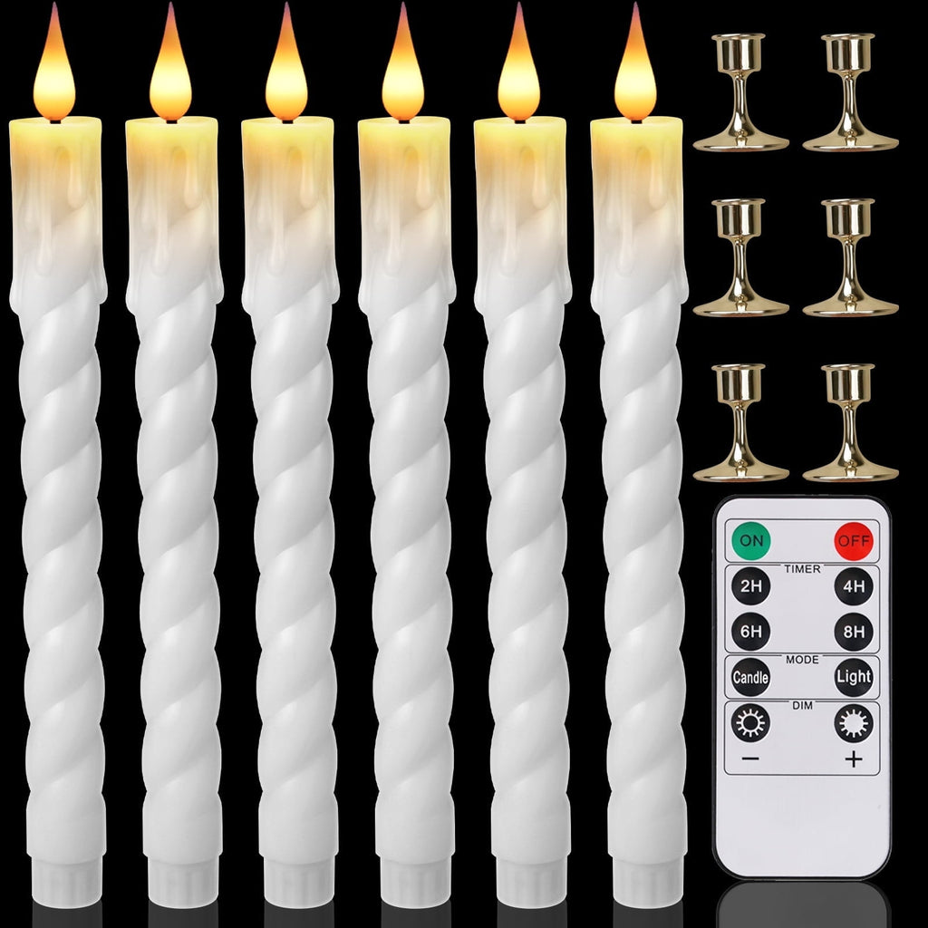 NEWEEN Flameless Taper Candles Flickering with Remote Timer, Battery Operated Led Warm 3D Wick Light Window Ivory Fake Candlesticks Real Wax Pack of 6, Christmas Home Wedding Decor(0.8X9.6Inch)