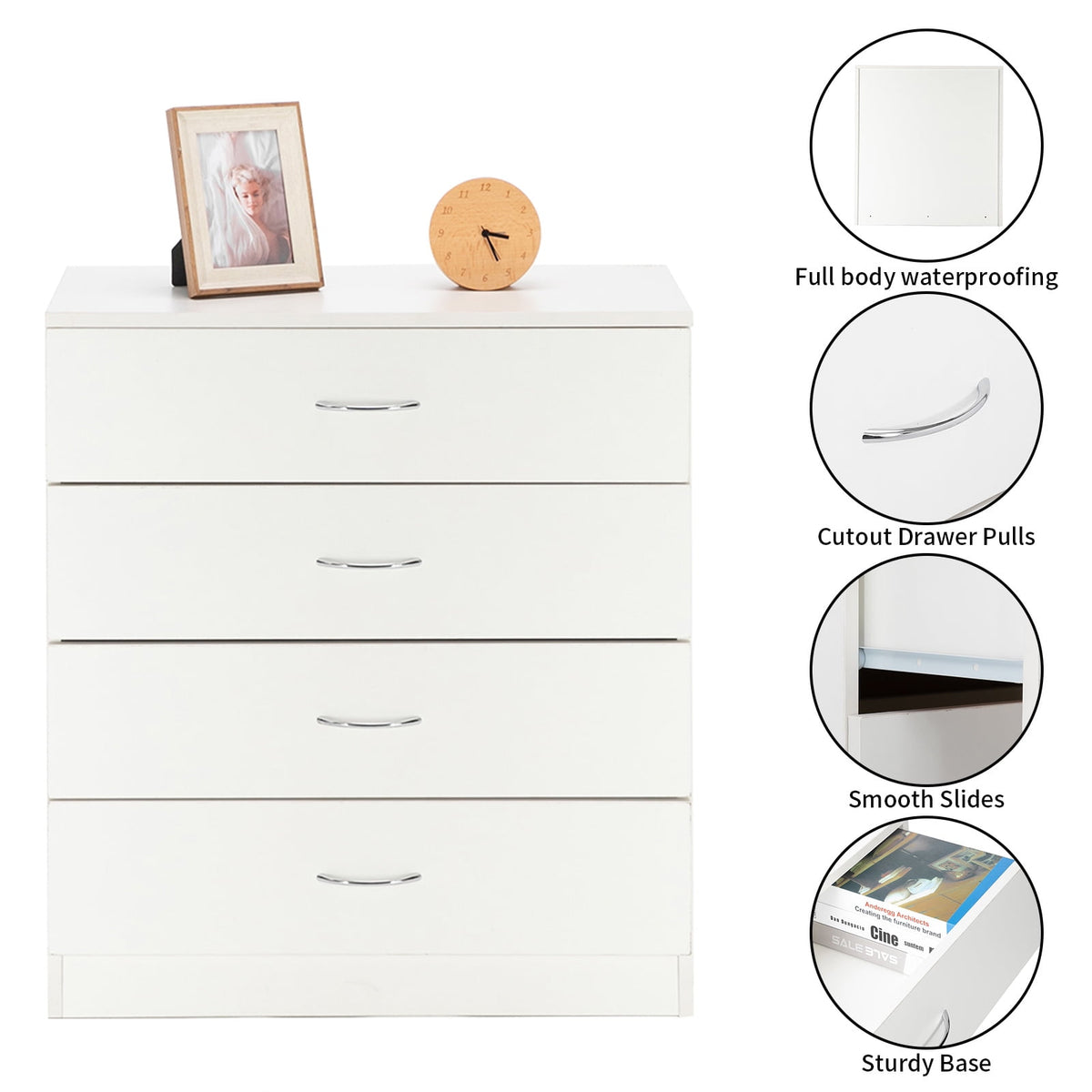 NEWEEN White 4 Drawer Dresser, Chest of Drawers for Bedroom, Modern Storage Cabinet Dresser Organizer Unit with Handle for Living Room, Closet, Hallway