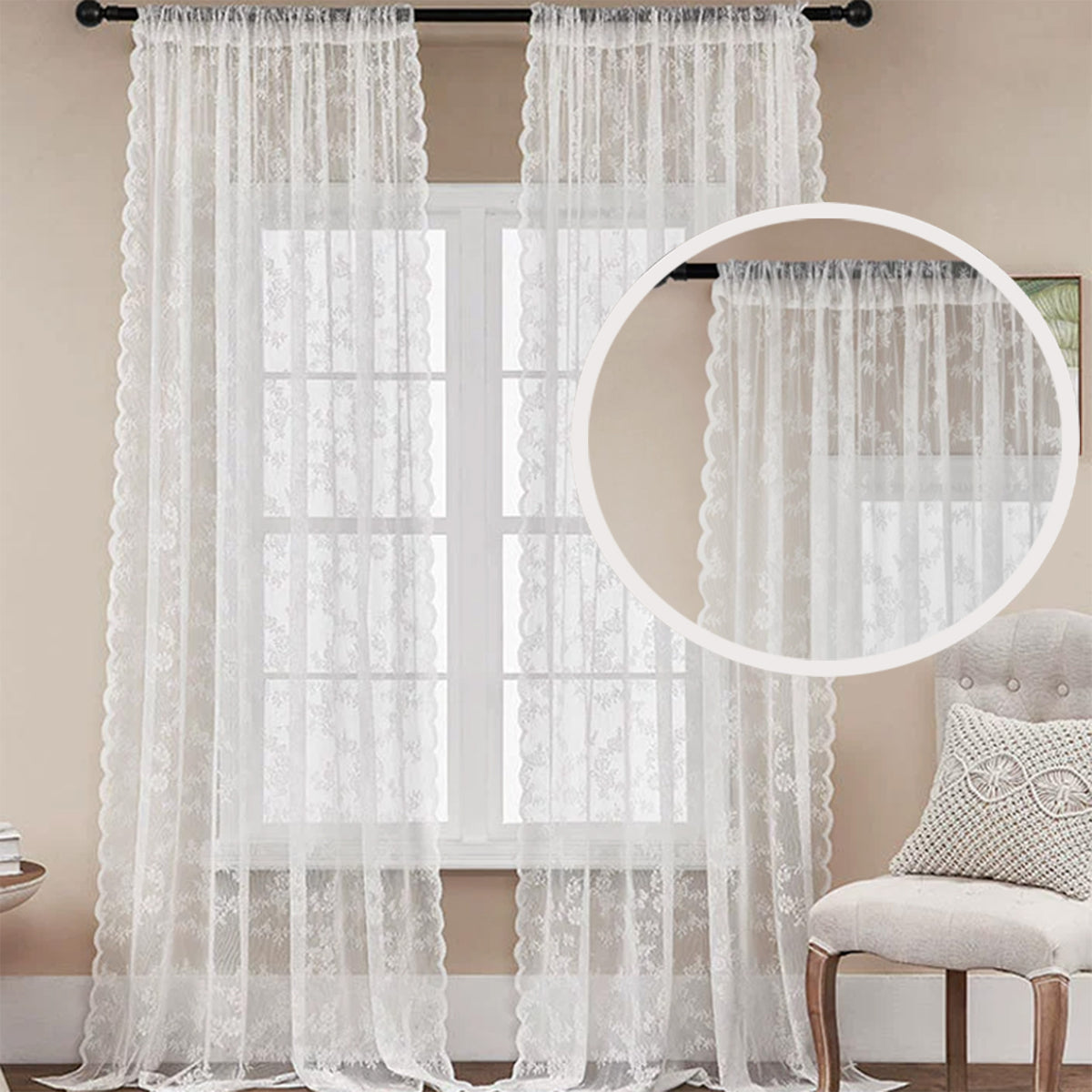 2 Panels Lace Curtains 39" x 79" - Rustic Floral Branch Leaf Pattern Lace Panel Curtains for Bedroom, Privacy Vintage Sheer Lace Curtains for Windows, White
