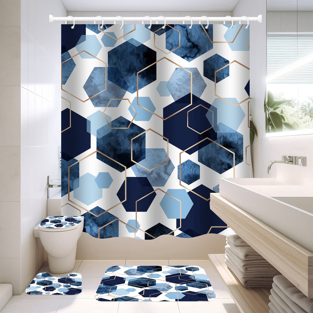 NEWEEN 4 Pcs Bathroom Shower Curtain Set,Durable Bathroom Decor Set with Rugs(Bath Mat,U Shape and Toilet Lid Cover Mat) and 12 Hooks,Sky Blue Honeycomb Marble