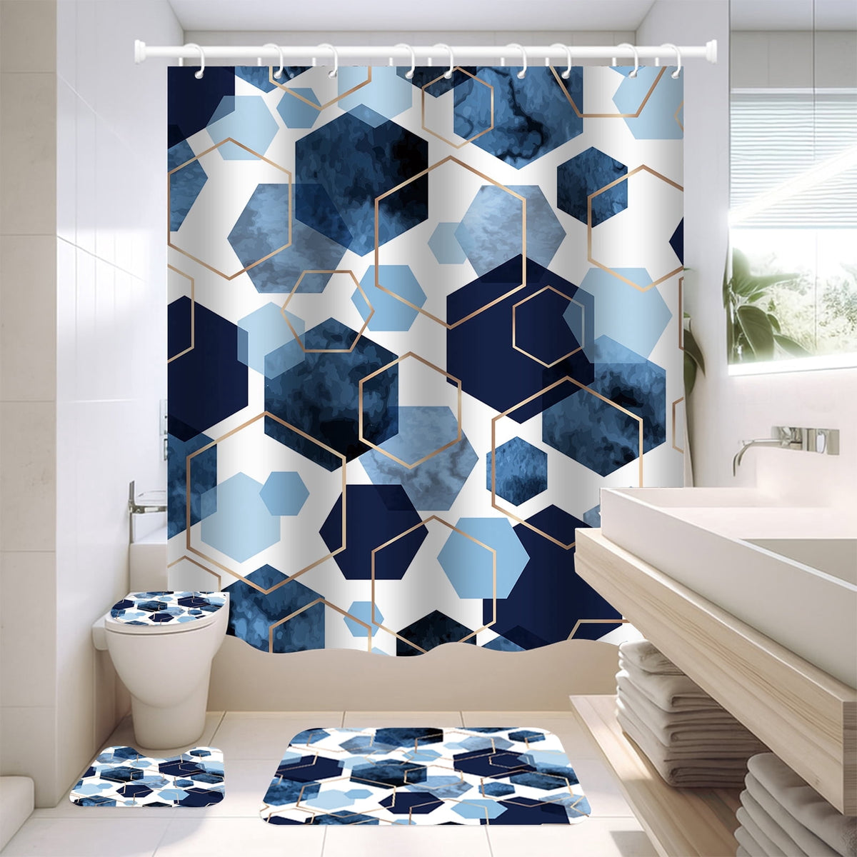 NEWEEN 4 Pcs Bathroom Shower Curtain Set,Durable Bathroom Decor Set with Rugs(Bath Mat,U Shape and Toilet Lid Cover Mat) and 12 Hooks,Sky Blue Honeycomb Marble
