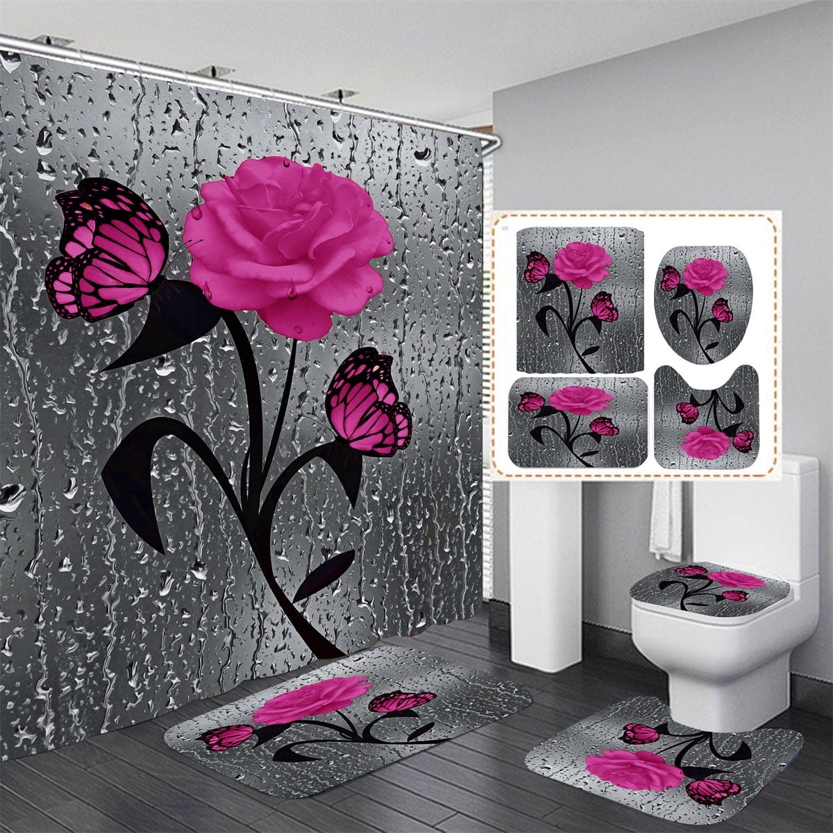 4 Pcs Bathroom Shower Curtain Set Blue Rose Shower Curtain Bathroom Sets Valentine's Day Shower Curtain Sets with Rugs(Bath Mat,U Shape and Toilet Lid Cover Mat) and 12 Hooks