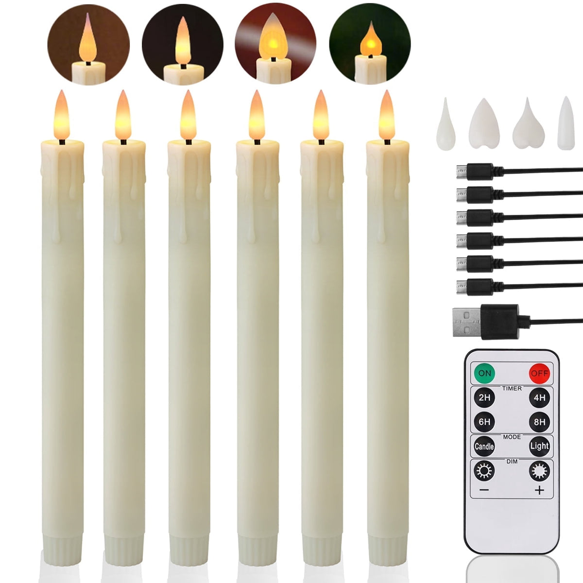 Rechargeable Flameless Taper Candles with Replace Lamp Head, 6 Pcs Real Wax LED Taper Candles Flickering with Remote&Timer, 3D Flame Battery Candlesticks for Home Wedding Christmas Decor (White)