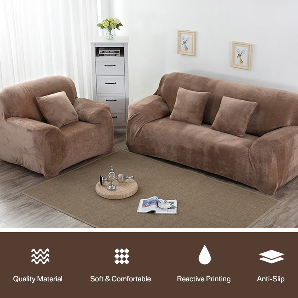 Thick Velvet Sofa Covers 1/2/3/4 Seater Pure Color Sofa Protector Stretch Non Slip Couch Cover Easy Fit Elastic Fabric Stretch Couch Slipcover(Brown, 1-Seater Sofa)