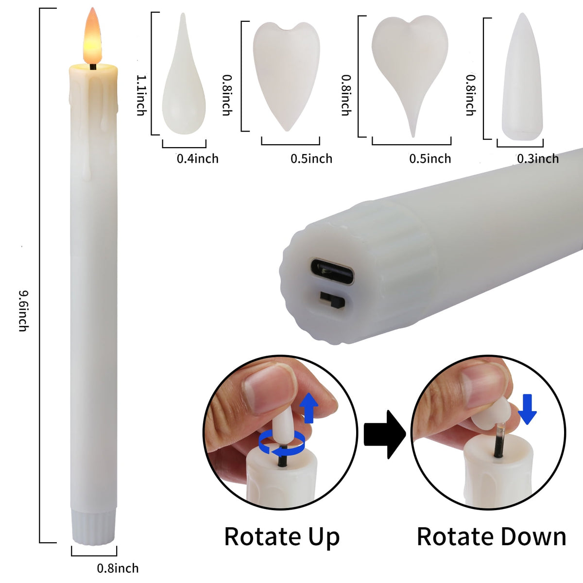 Rechargeable Flameless Taper Candles with Replace Lamp Head, 6 Pcs Real Wax LED Taper Candles Flickering with Remote&Timer, 3D Flame Battery Candlesticks for Home Wedding Christmas Decor (White)