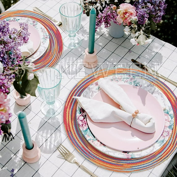 NEWEEN 15" Round Placemats Set of 6 Braided Fabric Heat Resistant Washable Table Mat for Kitchen for Kitchen Party Decor