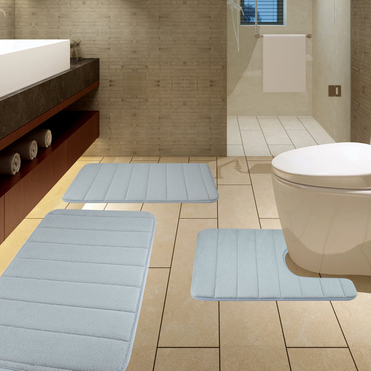 3 Piece Memory Foam Bath Mat Set with U-Shaped Toilet Mat Bathroom Rugs Soft Comfortable Water Absorption Bath Carpet Non-Slip Thick Machine Washable for Kitchen/Living Room(Gray)