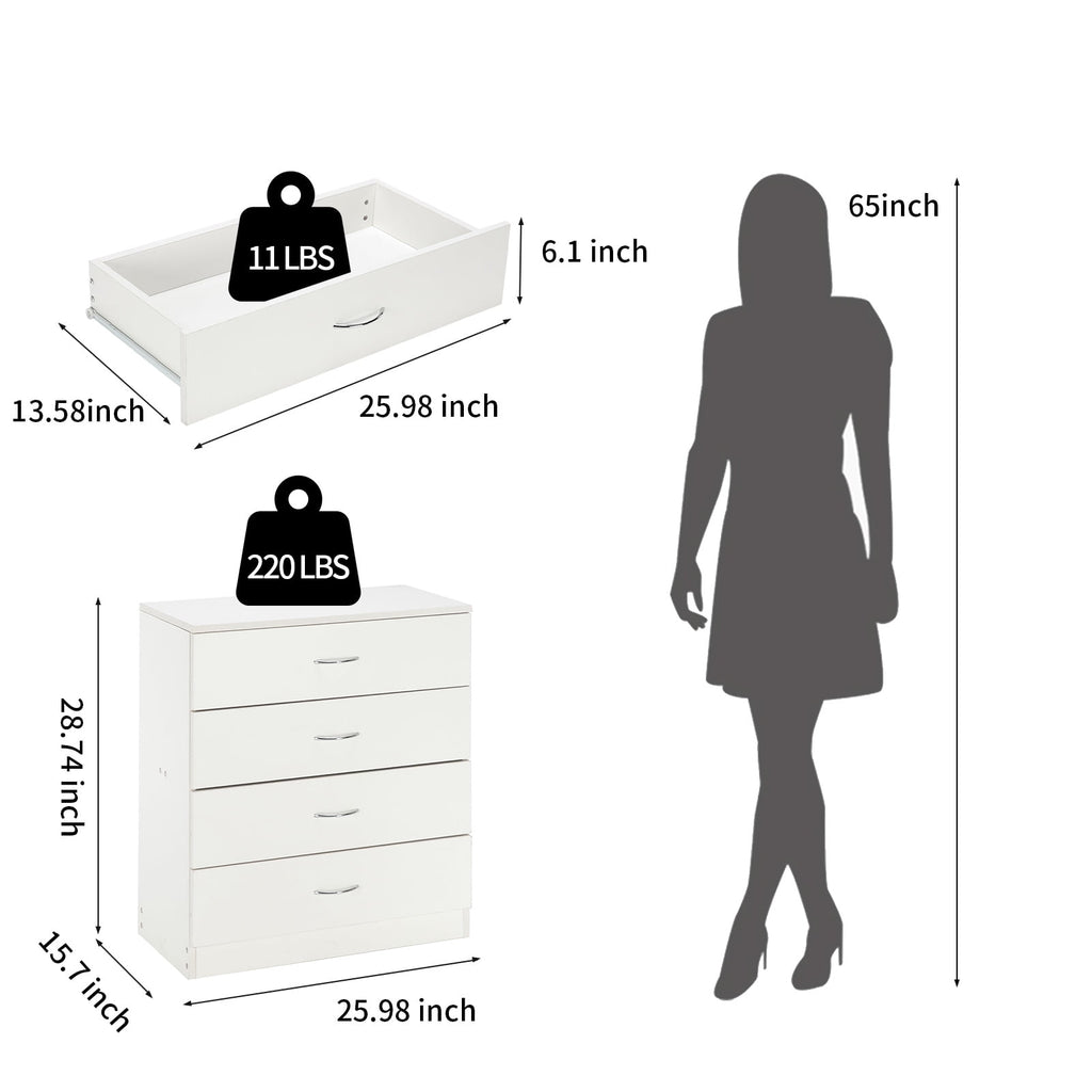 NEWEEN White 4 Drawer Dresser, Chest of Drawers for Bedroom, Modern Storage Cabinet Dresser Organizer Unit with Handle for Living Room, Closet, Hallway