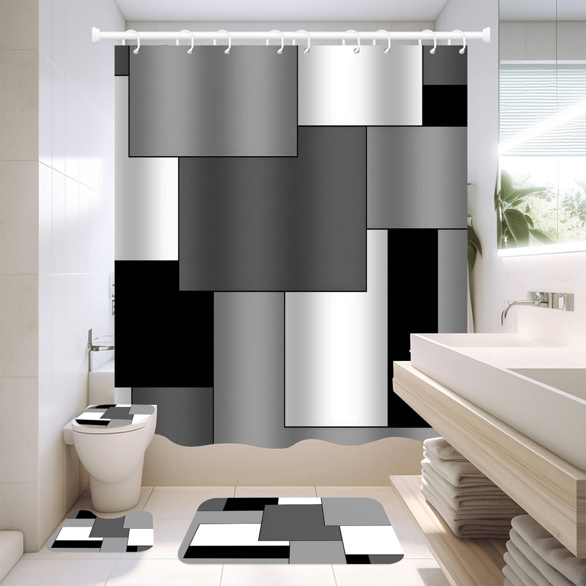 NEWEEN 4 Pcs Bathroom Shower Curtain Set,Durable Bathroom Decor Set with Rugs(Bath Mat,U Shape and Toilet Lid Cover Mat) and 12 Hooks,Sky Blue Honeycomb Marble