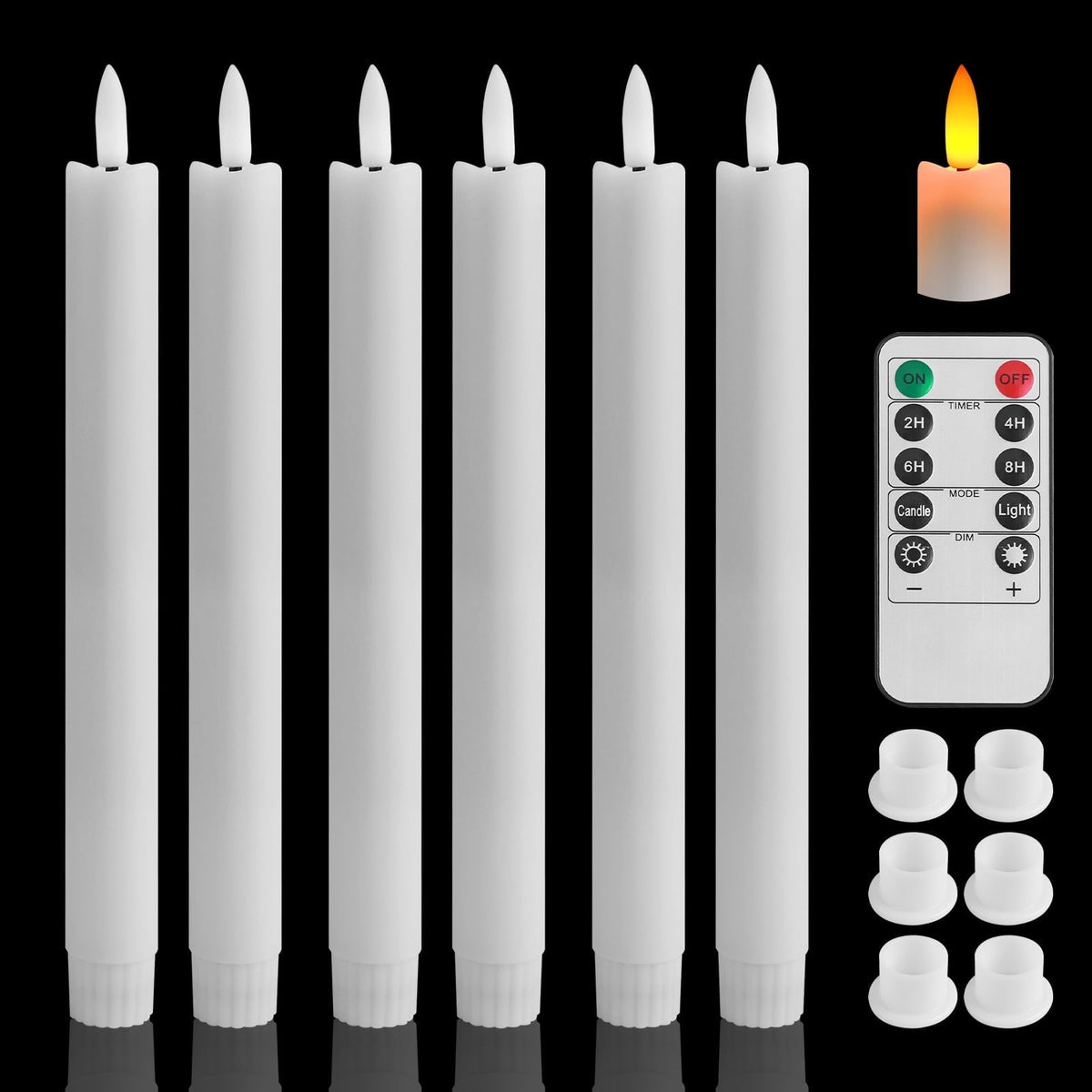 NEWEEN Flameless Taper Candles Flickering with Remote Timer, Battery Operated Led Warm 3D Wick Light Window Ivory Fake Candlesticks Real Wax Pack of 6, Christmas Home Wedding Decor(0.8X9.6Inch)
