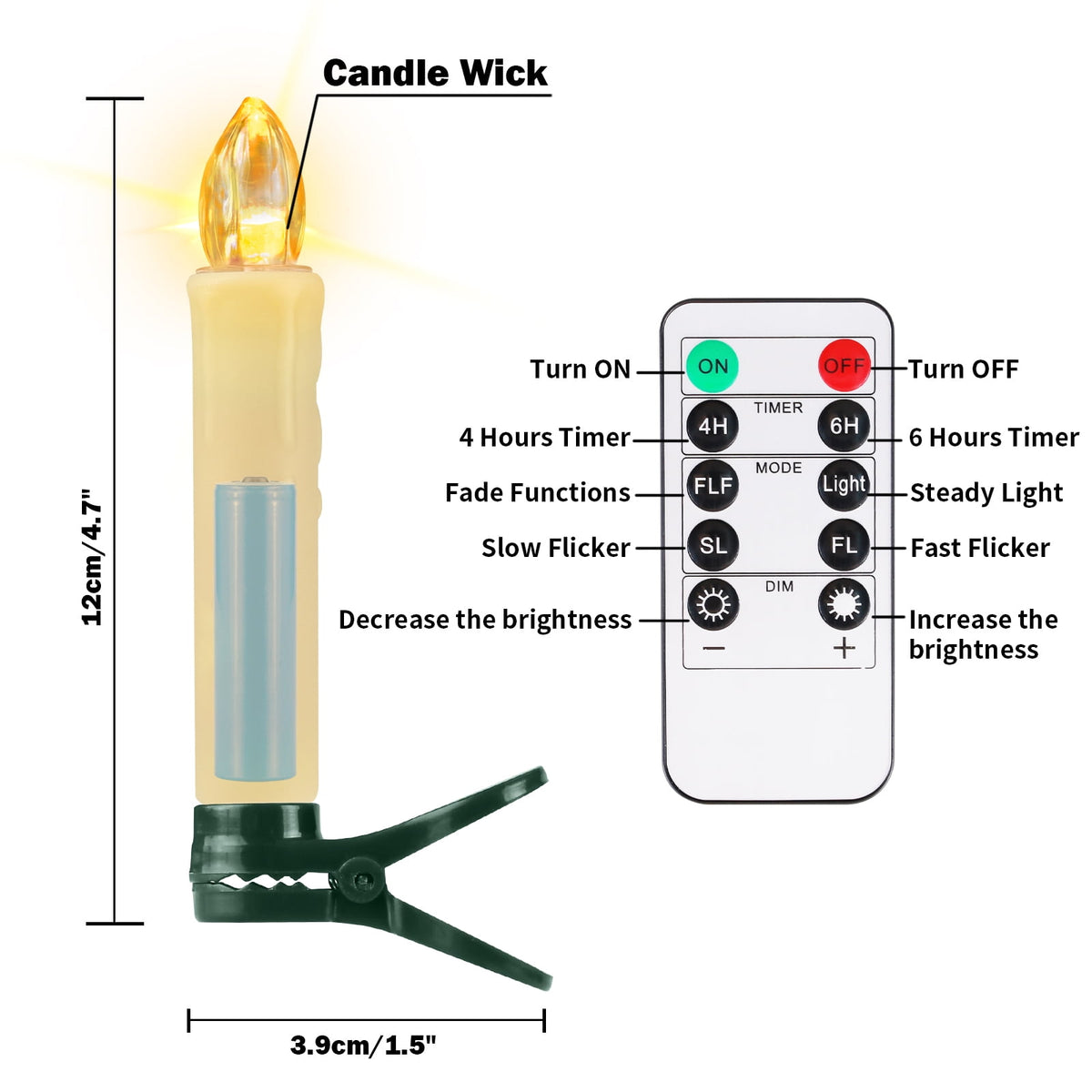 NEWEEN Flameless Clip-on Christmas Tree Candles, Dimmable, Flickering/Steady, Battery Operated, Remote Control, 4.7”, Set of 10