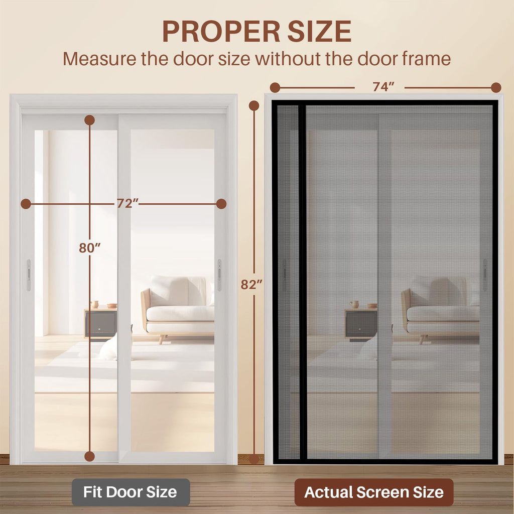 Reversible Left/Right Opening Magnetic Screen Door Fits Door Size 72"x80", Screen Size 74"x82", Removable Upgraded Polyester Screen Mesh with Strong Magnets for Front/Back Patio Door, Black