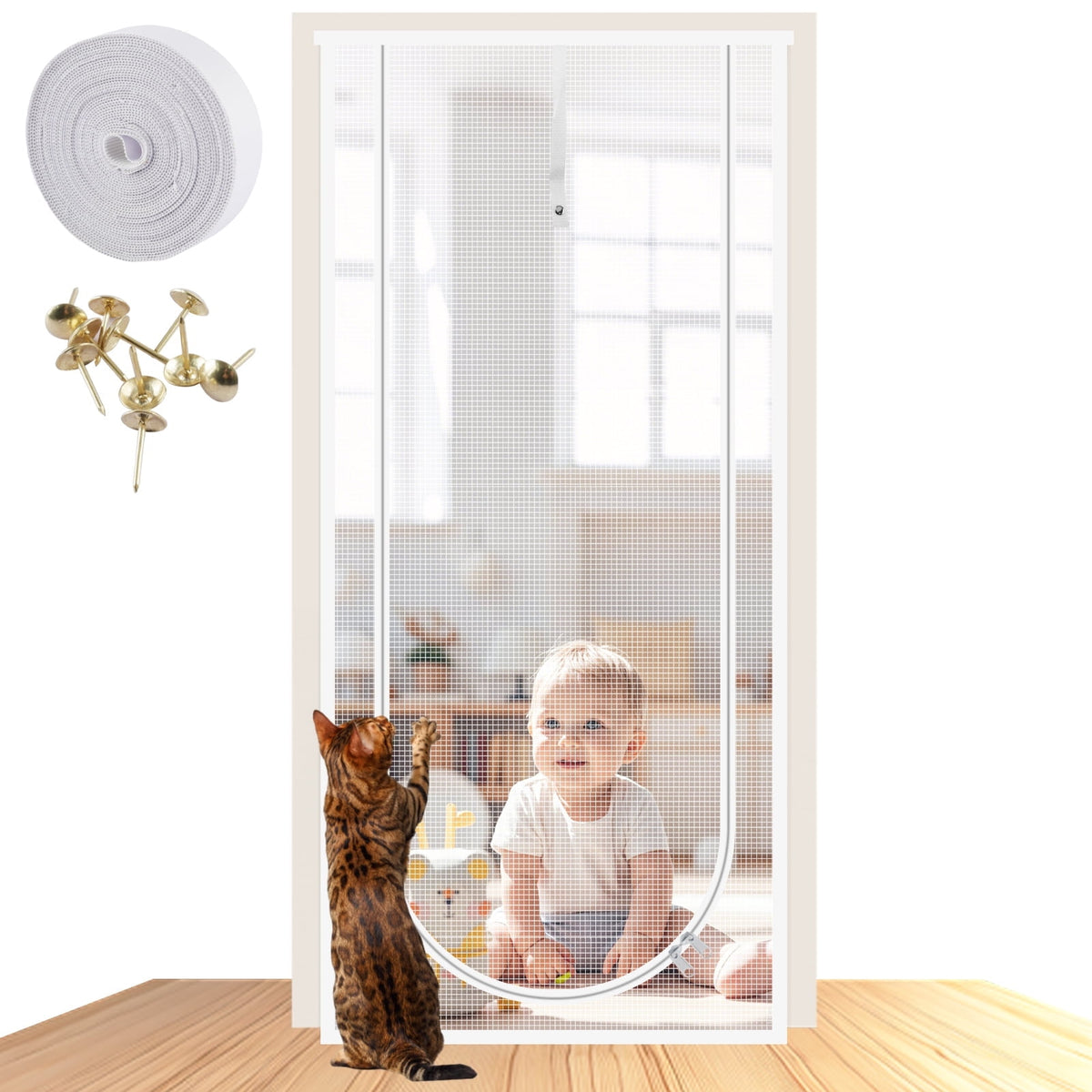 NEWEEN Cat Screen Door Fits Door Size 30"x 80" Thickened Heavy Duty Pets Resistant Mesh Screen Door for Living Room,Kitchen,Bedroom,Cat Proof Screen with Zipper Closure