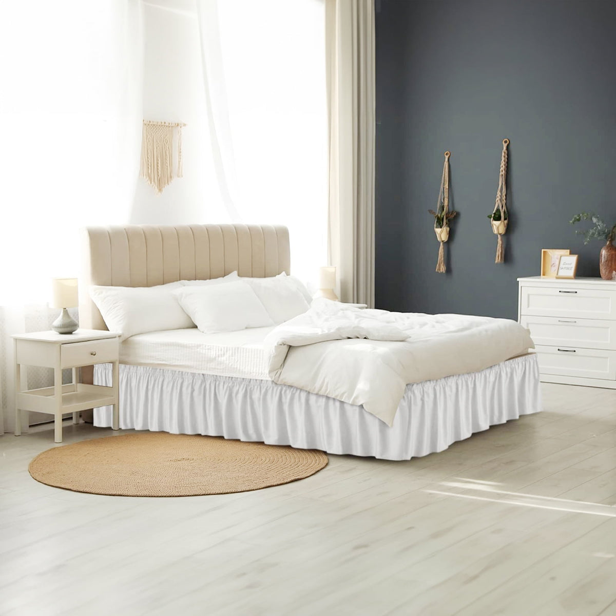 NEWEEN Wrap Around Bed Skirts for Queen Beds 15 Inches Drop, White Elastic Dust Ruffles Easy Fit Wrinkle & Fade Resistant Silky Luxurious Fabric Solid Machine Washable