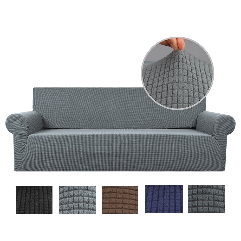 Stretch Sofa Slipcover 1-Piece Sofa Cover Furniture Protector Couch Soft with Elastic Bottom for Kids, Polyester Spandex Jacquard Fabric Small Checks with 1 Pillowcase(2 Seater, Dark Gray)