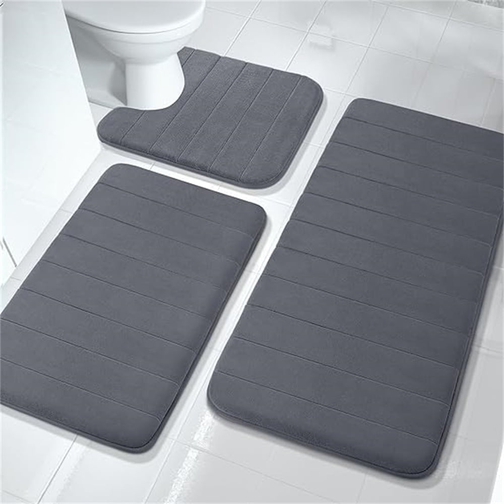 3 Piece Memory Foam Bath Mat Set with U-Shaped Toilet Mat Bathroom Rugs Soft Comfortable Water Absorption Bath Carpet Non-Slip Thick Machine Washable for Kitchen/Living Room(Gray)