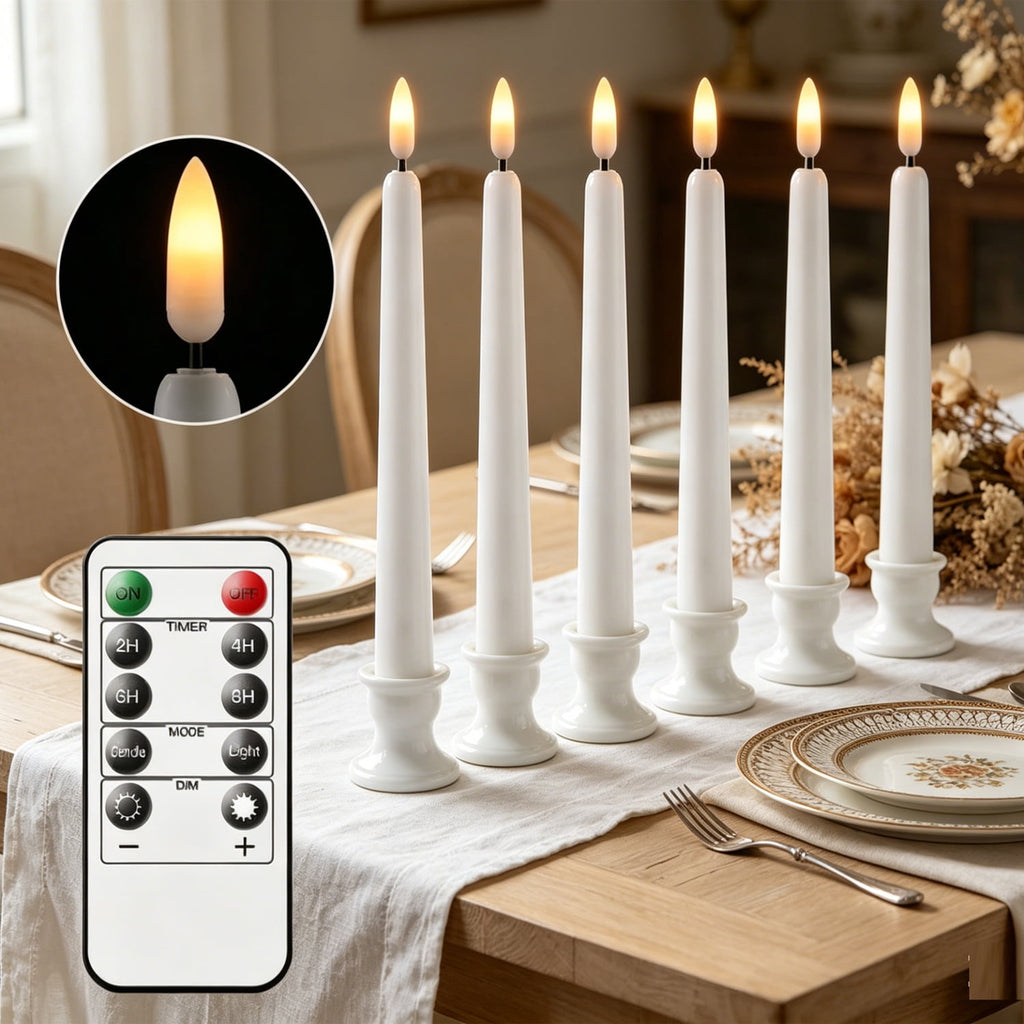 6PCS Flickering LED Flameless Taper Candles with Remote and Timer 11 Inch Battery Operated Warm White