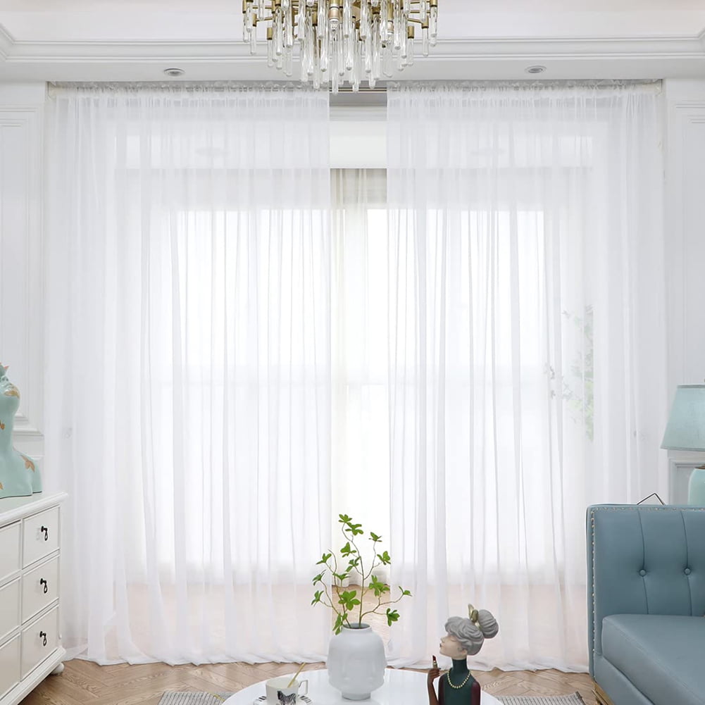 NEWEEN Sheer Curtains 84 inch Length 2 Panels Set White Curtains Clear Curtains Basic Rod Pocket Panel for Bedroom Living Room Yard Kitchen(55" X 84", White)