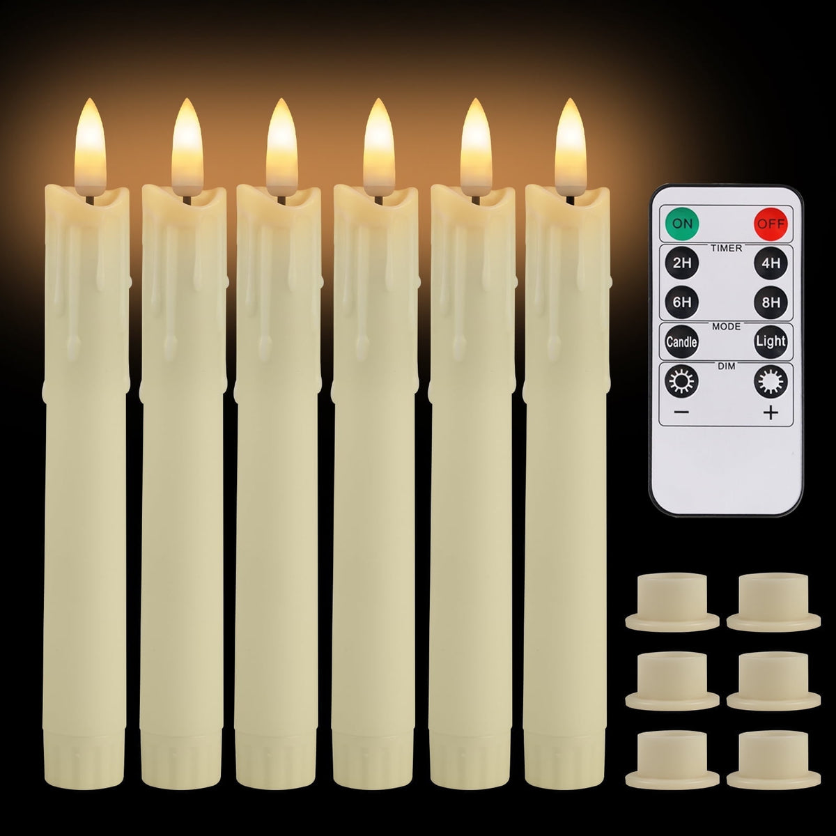 NEWEEN Flameless Taper Candles Flickering with Remote Timer, Battery Operated Led Warm 3D Wick Light Window Ivory Fake Candlesticks Real Wax Pack of 6, Christmas Home Wedding Decor(0.8X9.6Inch)