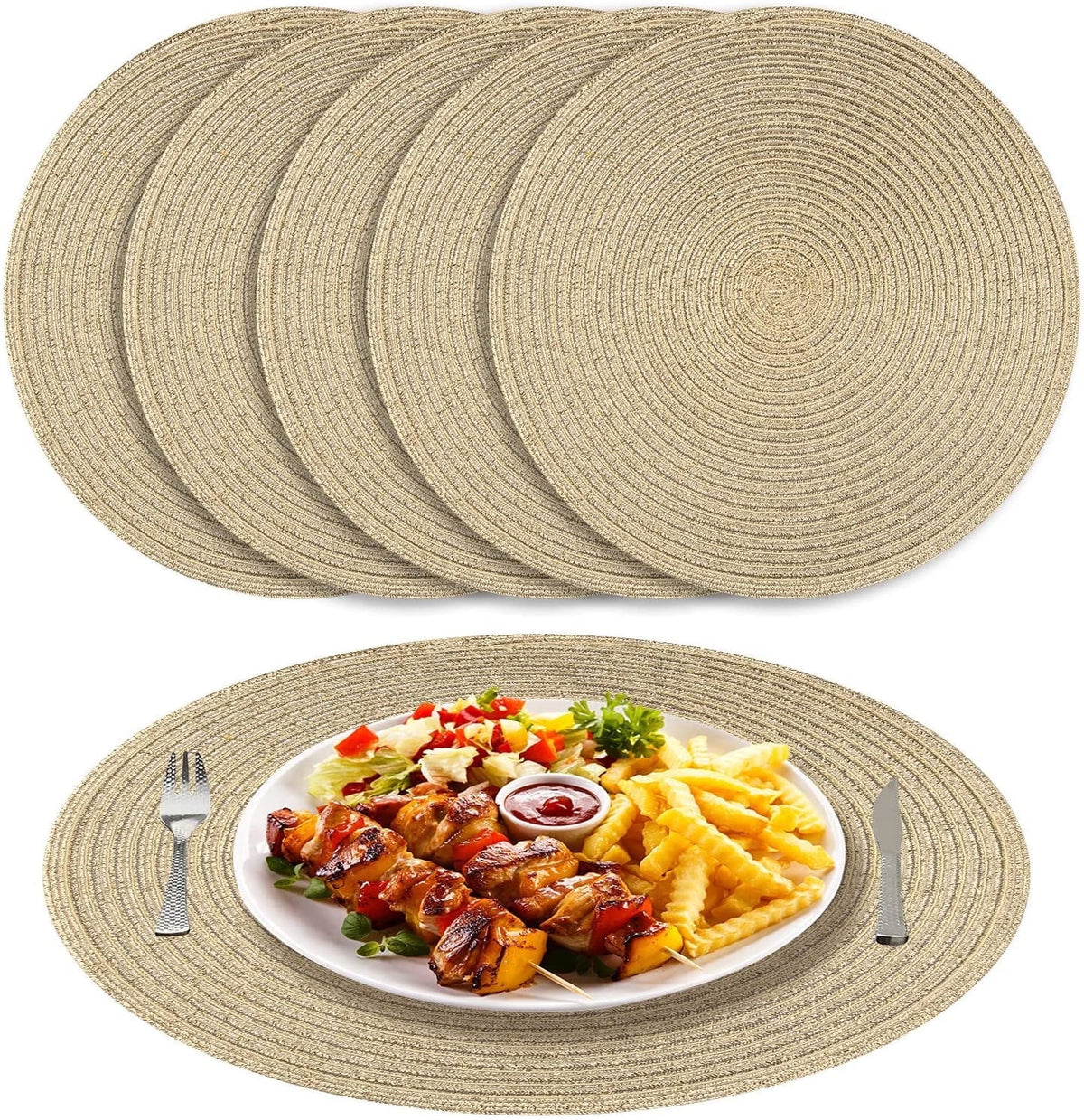 NEWEEN 15" Round Placemats Set of 6 Braided Fabric Heat Resistant Washable Table Mat for Kitchen for Kitchen Party Decor
