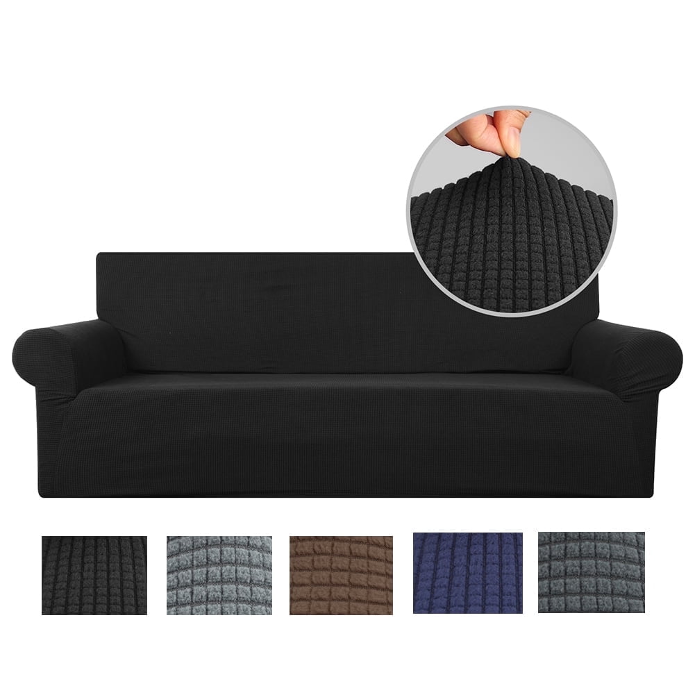 Stretch Sofa Slipcover 1-Piece Sofa Cover Furniture Protector Couch Soft with Elastic Bottom for Kids, Polyester Spandex Jacquard Fabric Small Checks with 1 Pillowcase(2 Seater, Dark Gray)