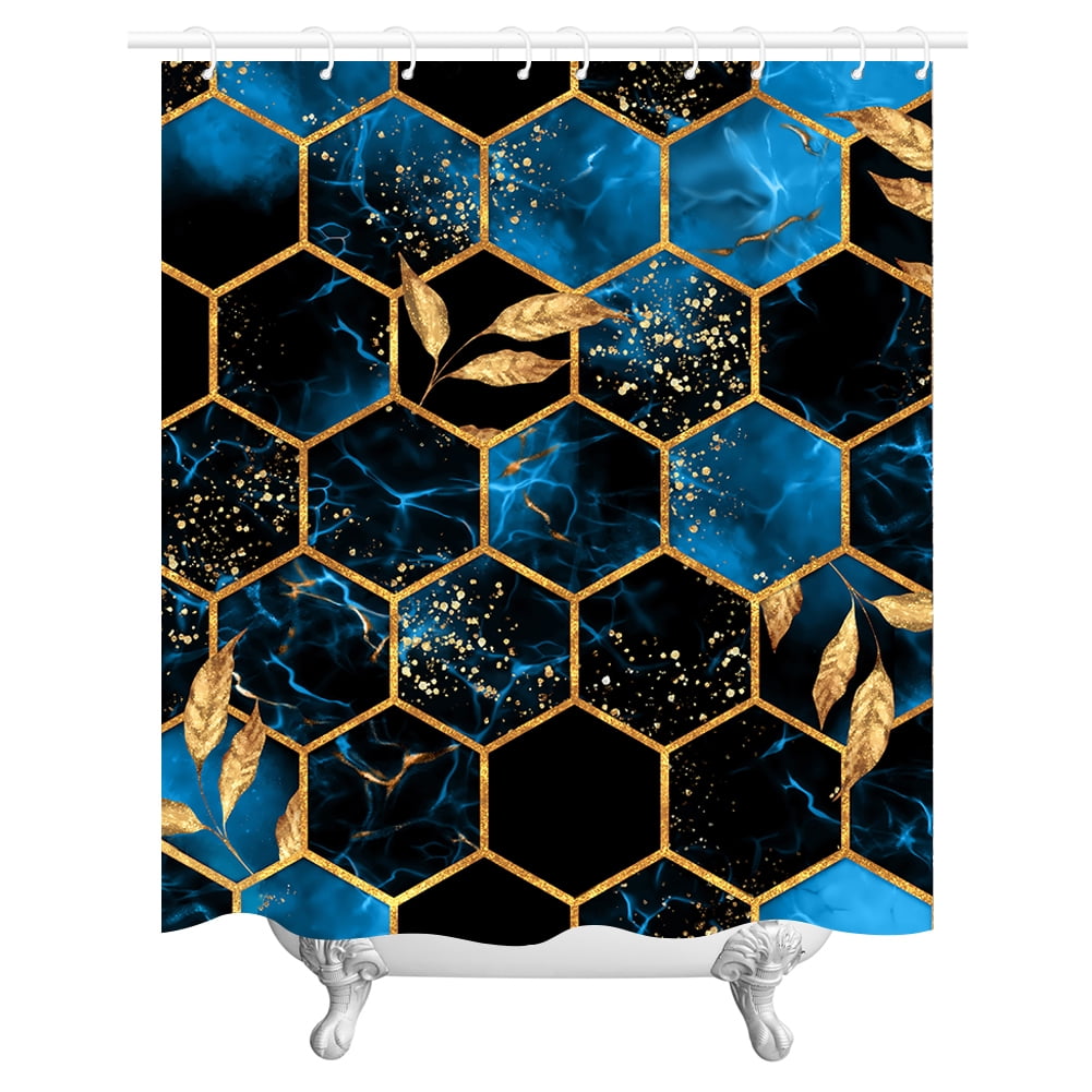 NEWEEN 4 Pcs Bathroom Shower Curtain Set,Durable Bathroom Decor Set with Rugs(Bath Mat,U Shape and Toilet Lid Cover Mat) and 12 Hooks,Sky Blue Honeycomb Marble