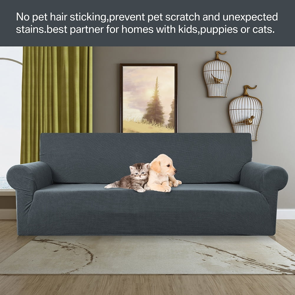 Stretch Sofa Slipcover 1-Piece Sofa Cover Furniture Protector Couch Soft with Elastic Bottom for Kids, Polyester Spandex Jacquard Fabric Small Checks with 1 Pillowcase(2 Seater, Dark Gray)