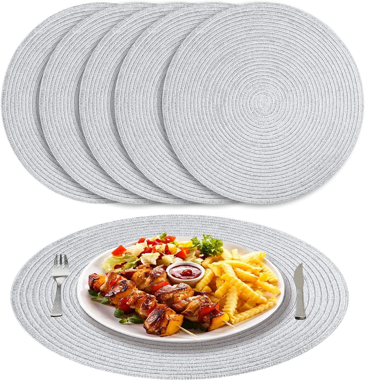 NEWEEN 15" Round Placemats Set of 6 Braided Fabric Heat Resistant Washable Table Mat for Kitchen for Kitchen Party Decor