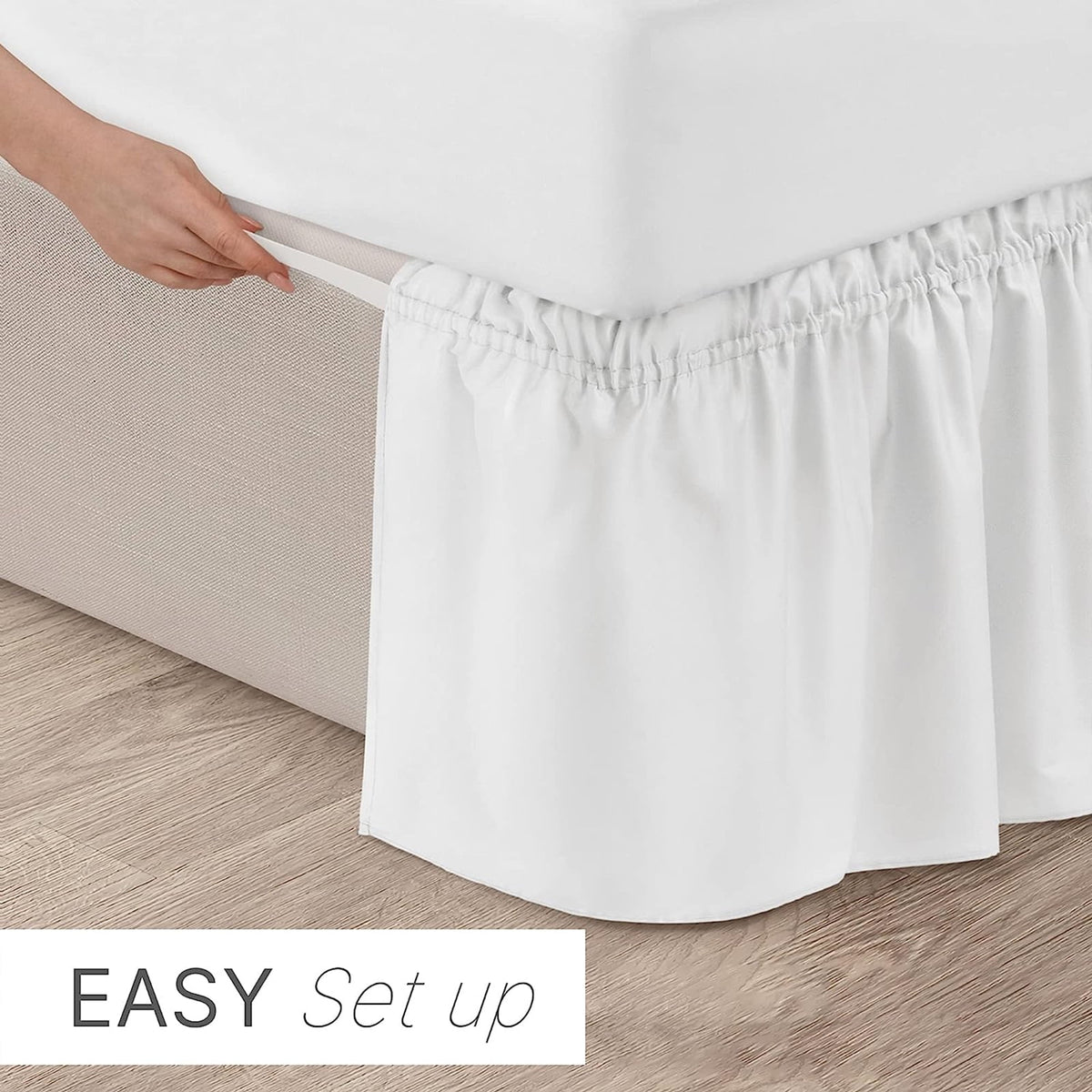 NEWEEN Wrap Around Bed Skirts for Queen Beds 15 Inches Drop, White Elastic Dust Ruffles Easy Fit Wrinkle & Fade Resistant Silky Luxurious Fabric Solid Machine Washable