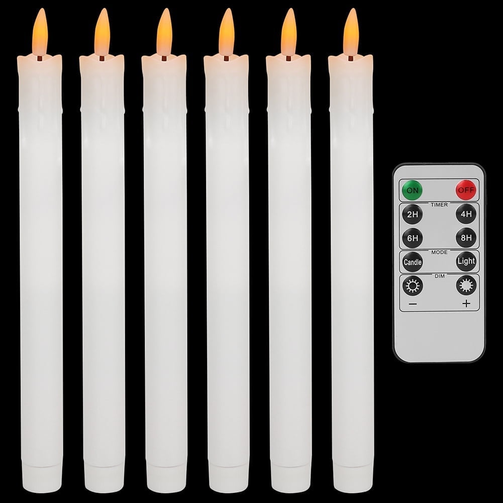 NEWEEN Flameless Taper Candles Flickering with Remote Timer, Battery Operated Led Warm 3D Wick Light Window Ivory Fake Candlesticks Real Wax Pack of 6, Christmas Home Wedding Decor(0.8X9.6Inch)
