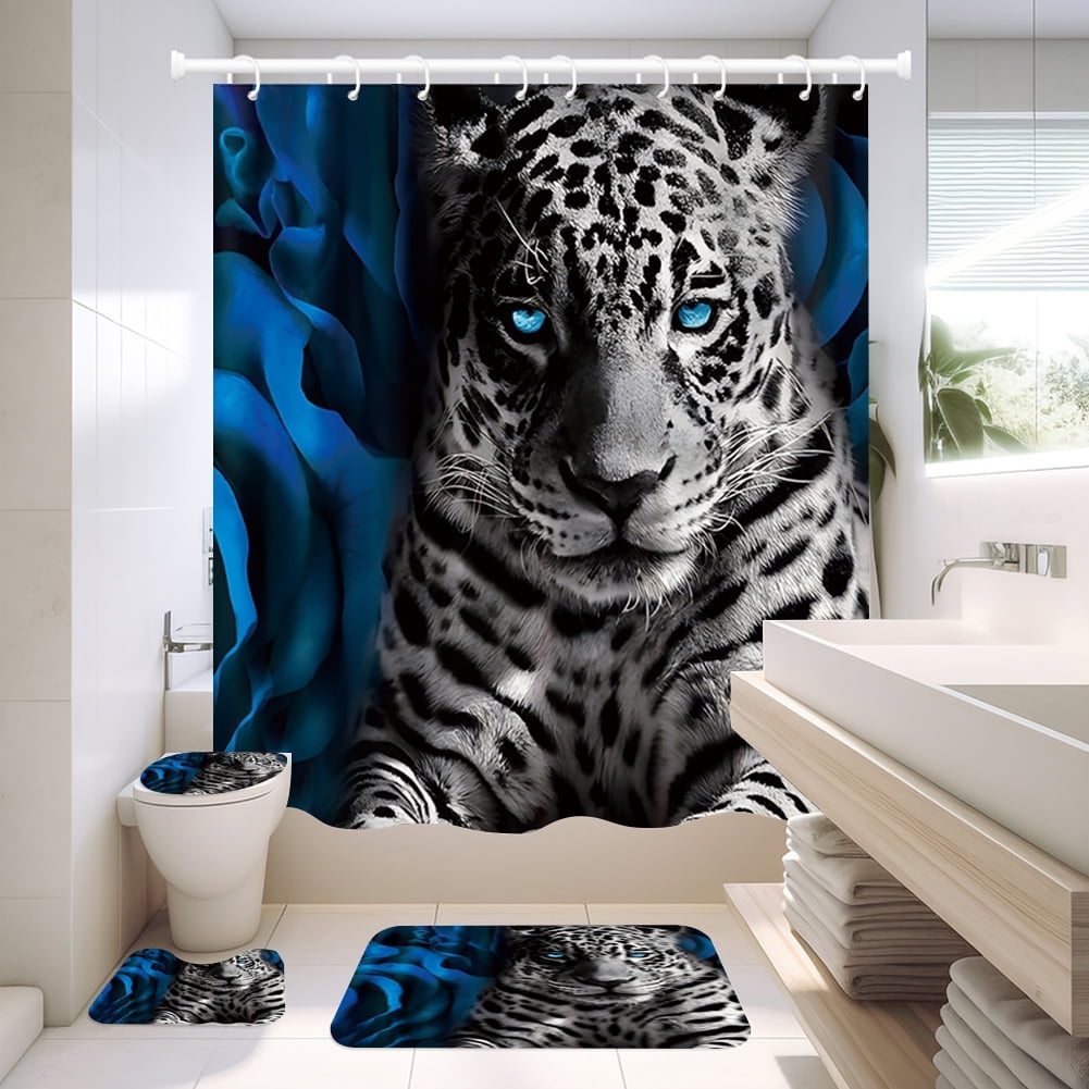 NEWEEN 4 Pcs Bathroom Shower Curtain Set,Durable Bathroom Decor Set with Rugs(Bath Mat,U Shape and Toilet Lid Cover Mat) and 12 Hooks,Sky Blue Honeycomb Marble