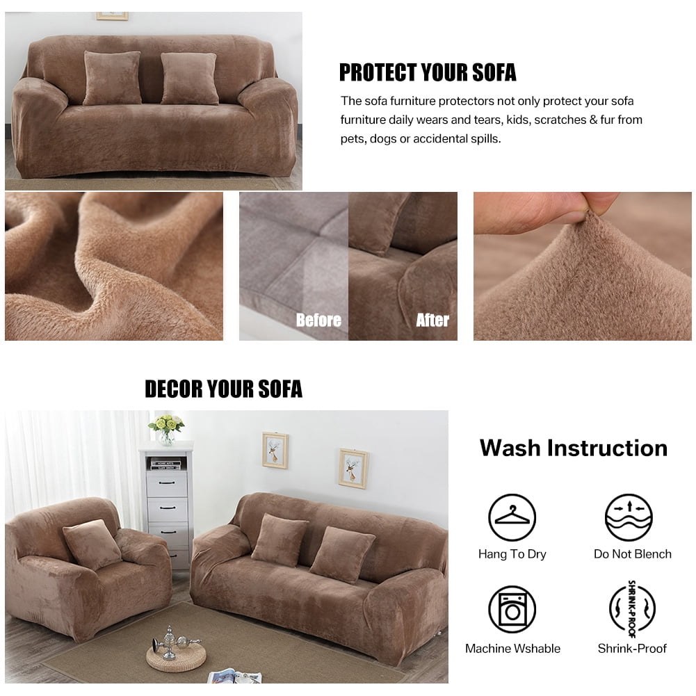 Thick Velvet Sofa Covers 1/2/3/4 Seater Pure Color Sofa Protector Stretch Non Slip Couch Cover Easy Fit Elastic Fabric Stretch Couch Slipcover(Brown, 1-Seater Sofa)