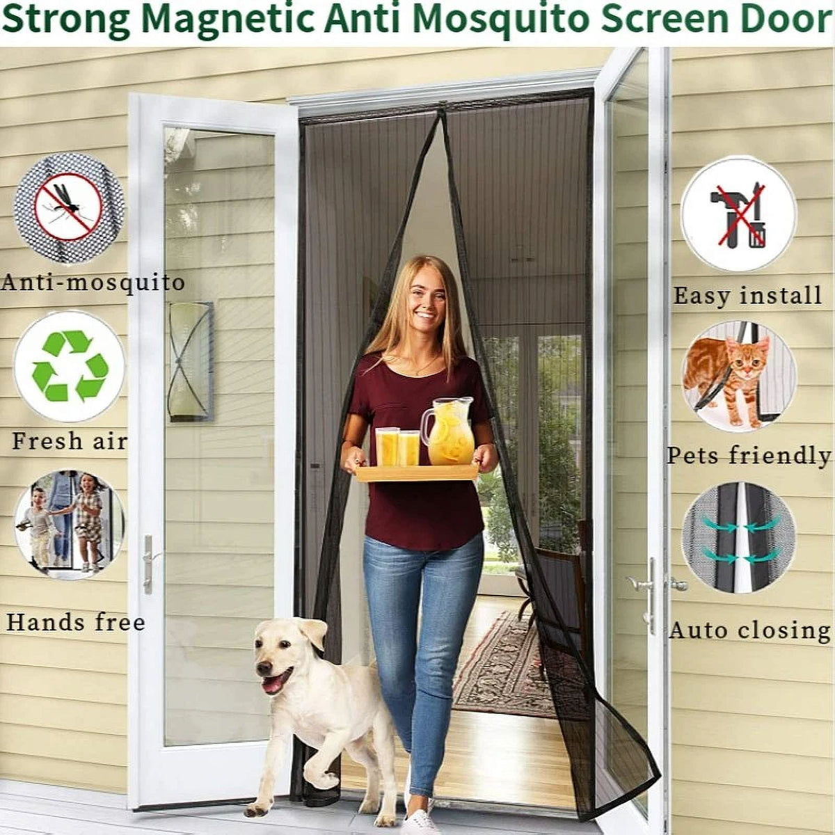 NEWEEN Magnetic Screen Door - The Original Self-Closing, Pet Friendly Walk Through Door Screen Magnetic Closure (38 x 82 inch) - Retractable Screen Door Mesh Keeps Bugs Out - Magnet Screen Door