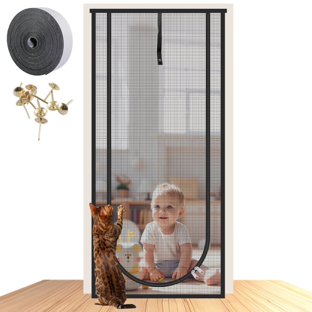 NEWEEN Cat Screen Door Fits Door Size 30"x 80" Thickened Heavy Duty Pets Resistant Mesh Screen Door for Living Room,Kitchen,Bedroom,Cat Proof Screen with Zipper Closure