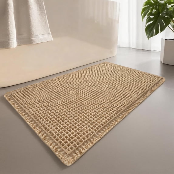 NEWEEN Waffle Bathroom Rugs Ultra-Soft Non-Slip Bath Mat Super Absorbent Quick Dry Bath Rugs for Bathroom Floor Machine Washable Bathroom Mats with Tassels Boho Bathroom Decor 18"x30" Brown