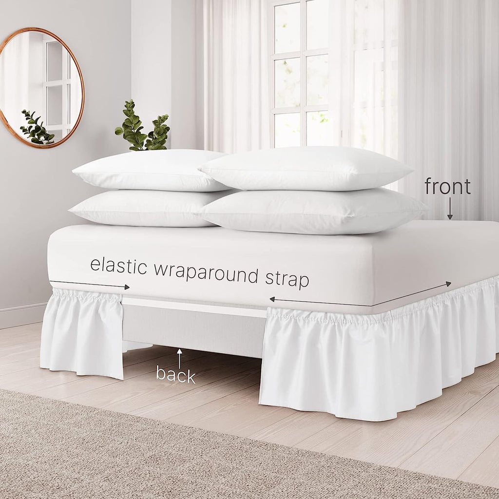 NEWEEN Wrap Around Bed Skirts for Queen Beds 15 Inches Drop, White Elastic Dust Ruffles Easy Fit Wrinkle & Fade Resistant Silky Luxurious Fabric Solid Machine Washable
