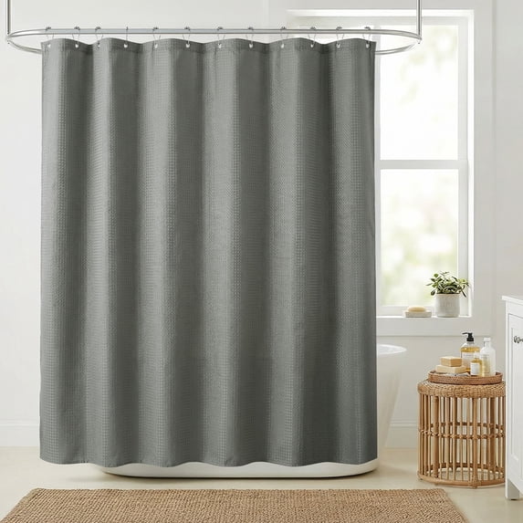 NEWEEN Waffle Textured Shower Curtain with Metal Shower Curtain Hooks, 72"x72" Luxury Heavy Duty Soft Fabric Shower Curtain, Gray