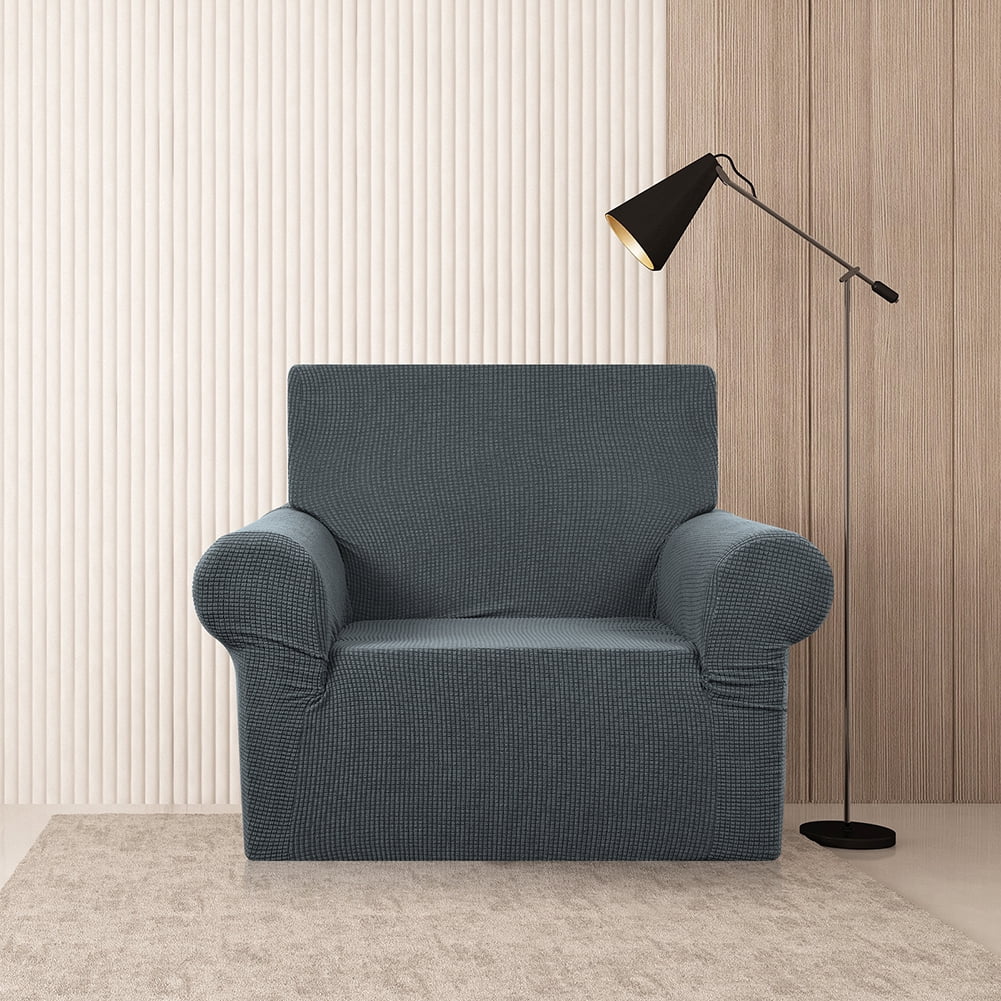Stretch Sofa Slipcover 1-Piece Sofa Cover Furniture Protector Couch Soft with Elastic Bottom for Kids, Polyester Spandex Jacquard Fabric Small Checks with 1 Pillowcase(2 Seater, Dark Gray)