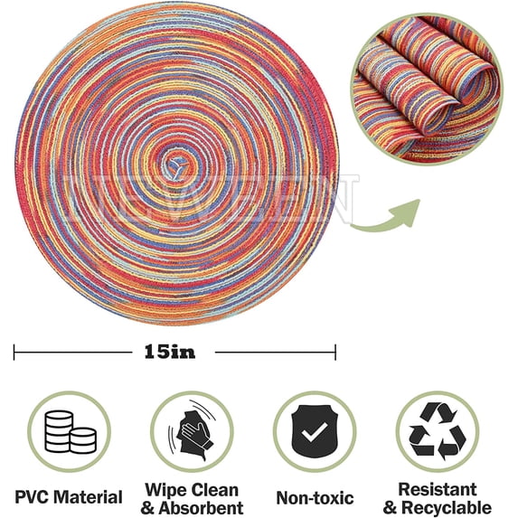 NEWEEN 15" Round Placemats Set of 6 Braided Fabric Heat Resistant Washable Table Mat for Kitchen for Kitchen Party Decor