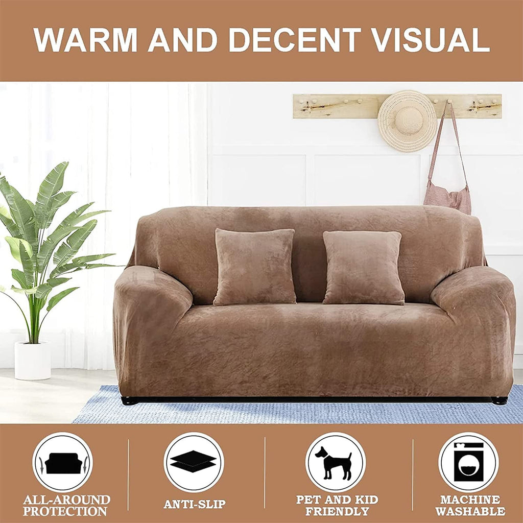 Thick Velvet Sofa Covers 1/2/3/4 Seater Pure Color Sofa Protector Stretch Non Slip Couch Cover Easy Fit Elastic Fabric Stretch Couch Slipcover(Brown, 1-Seater Sofa)